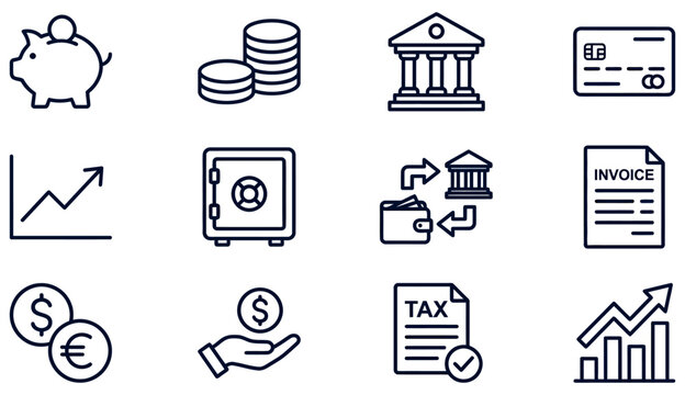 A collection of black finance and banking icons representing various monetary transactions investment strategies and secure digital payment methods online