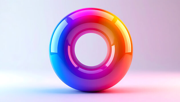 Glossy torus with rainbow gradient lighting, smooth surface reflecting vibrant colors, abstract 3d shape on a light background