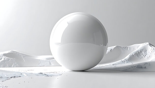 Glossy white sphere balanced on abstract icy terrain with subtle granular texture, minimalist design, serene atmosphere