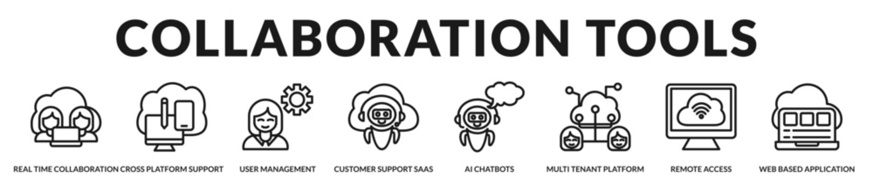A collaborative banner highlighting teamwork tools and cross-platform SaaS accessibility in Lineal Icon Style