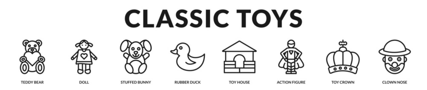 A nostalgic banner showcasing timeless classic toys loved by children across generations in Lineal Icon Style