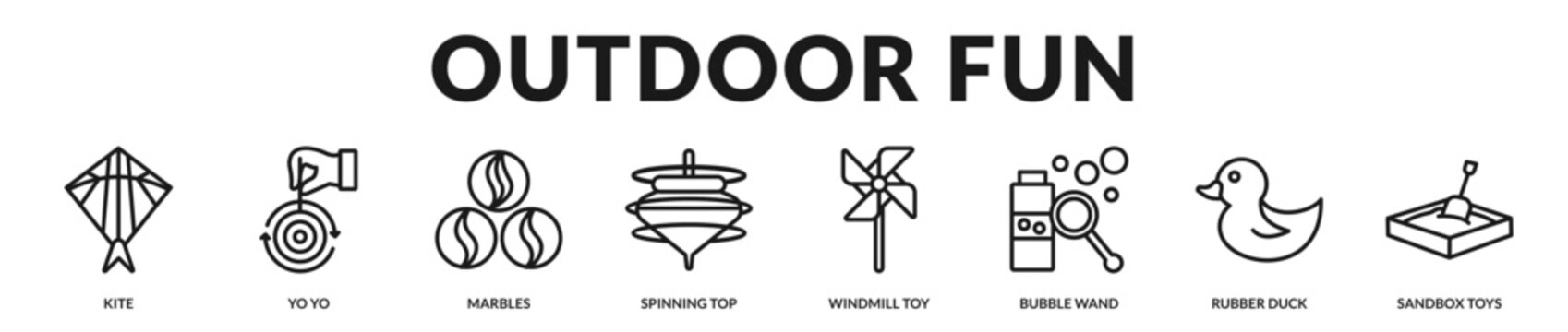 A cheerful banner highlighting outdoor toys for playful and energetic activities in Lineal Icon Style