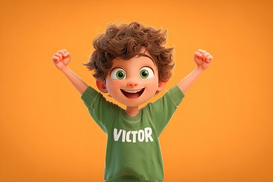 Excited young boy named Victor with curly hair and green eyes, wearing a green t-shirt, arms raised in celebration.