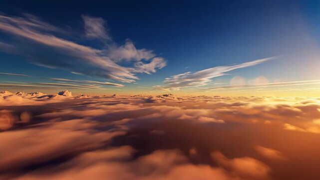 Aerial View Flying Above Golden Clouds at Sunset with Smooth Forward Motion for Travel Background