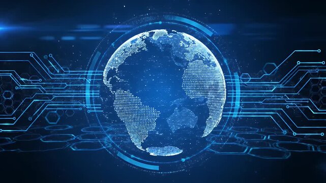 Digital globe technology with glowing circuit board lines on a futuristic background