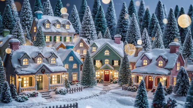 Animated Christmas Village with Falling Snow and Glowing Lights 3D Motion