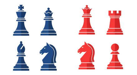 Red and Blue Chess Pieces Set, King, Queen, Rook, Bishop, Knight, Pawn © jambu