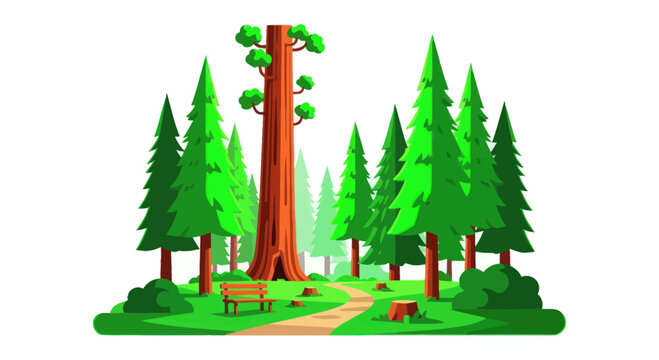 Giant Sequoia Forest Scene with Path and Bench