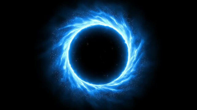 Blue glowing black hole in deep space with swirling energy and particles cosmic glow