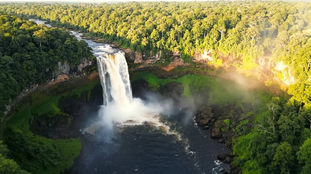 Aerial view of Kaieteur Falls in Guyana, a massive single-drop waterfall surrounded by dense tropical rainforest canopy and misty gorge during a clear day in the Amazon basin.