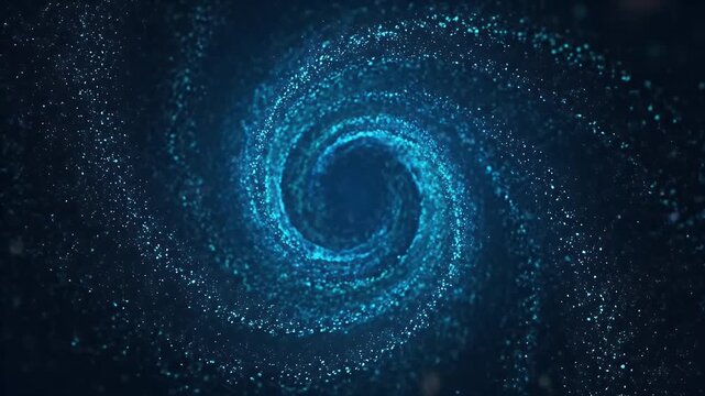 blue glowing particle spiral rotating in deep space with a dark abstract background.