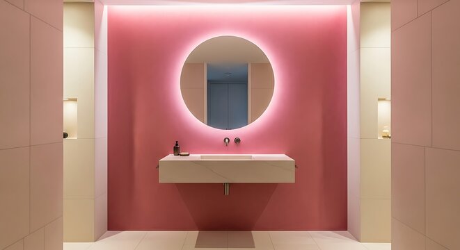 Modern bathroom interior featuring a minimalist floating marble vanity sink unit mounted against a bold pink wall with a glowing circular mirror above the basin