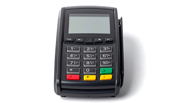 Isolated credit card payment terminal, pos machine with keypad and screen, studio shot on white background