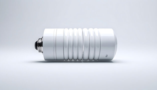 Isolated compact fluorescent light bulb lying on its side, studio shot on a plain light gray background, idea and energy saving concept
