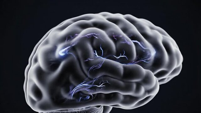 CGI Visualization of Human Brain Emphasizing Low Baseline Dopamine Activity with Electric Glow Effects on Dark Background