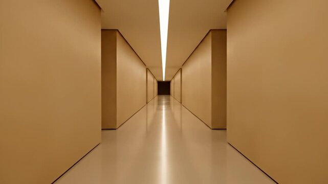 A long empty minimalist hallway with beige smooth walls and a polished floor, featuring a continuous recessed linear light strip on the ceiling leading to a dark doorway in the distance.