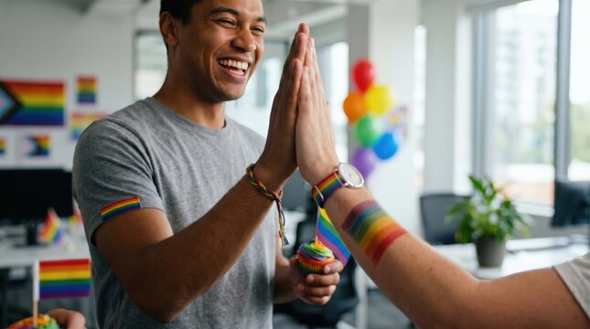 Happy young diverse male colleagues celebrating pride month with high five in modern office workplace