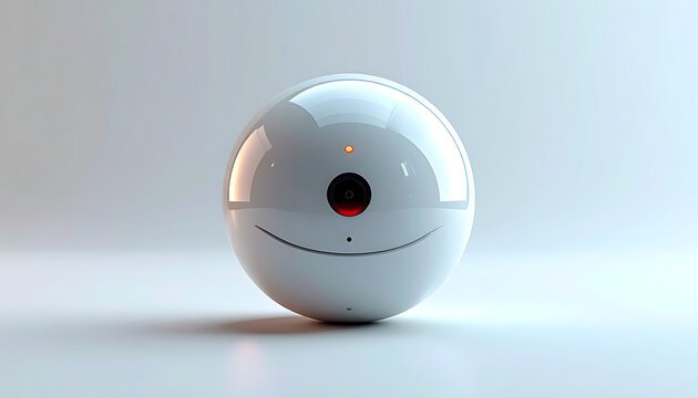 Isolated futuristic white sphere robot with a single eye and glowing red accents, clean studio lighting, modern technology concept
