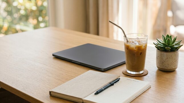 Minimalist Home Office Desk Setup with Laptop Notebook and Iced Coffee for Remote Work Productivity