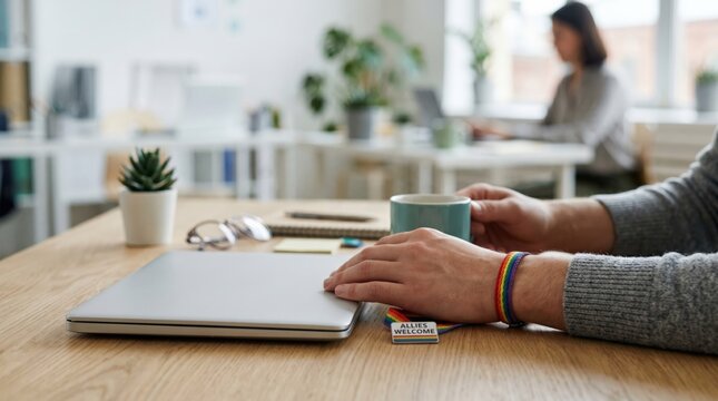 Caucasian man wearing rainbow pride bracelet working in modern office with allies welcome pin on wooden desk