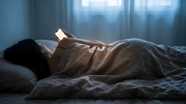 Young lady with insomnia anxiety scrolling on smartphone in bed late night concept of nomophobia and mental stress