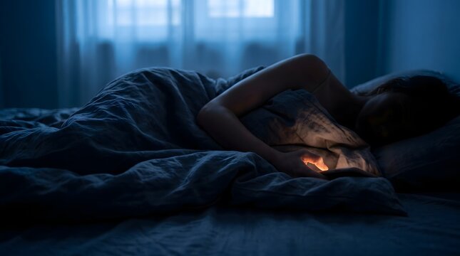 Mental health concept of a woman lying in bed at night feeling lonely and anxious while looking at her mobile phone