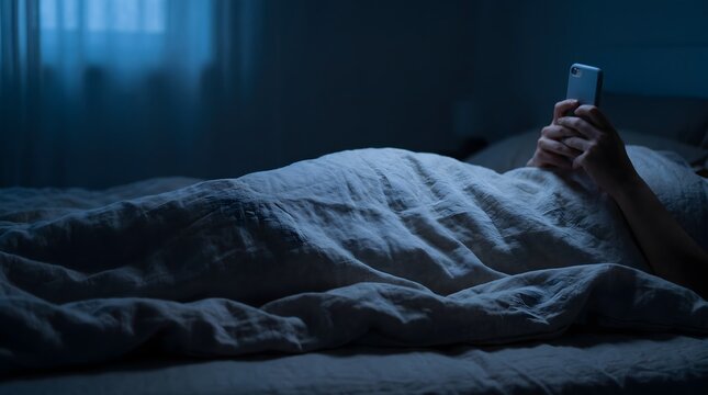Stressed woman scrolling on phone in dark bedroom feeling anxious unable to sleep due to mental health and depression