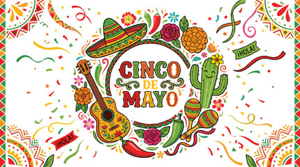 Cinco de Mayo Mexican celebration greeting card, festive holiday background with guitar and sombrero, colorful party invitation eps vector © Shamima