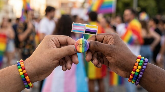 Diverse hands holding pride pin with transgender and nonbinary flags at outdoor parade celebration