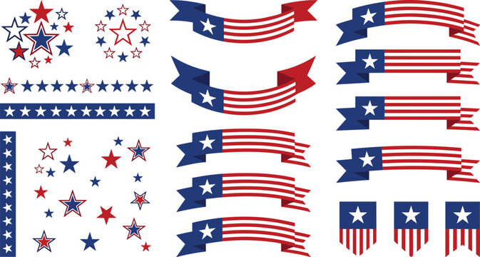 American patriotic symbols including stars and striped ribbons banners
