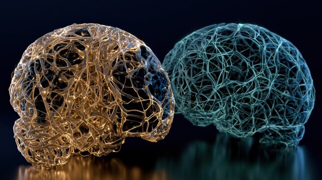 Two brain structures display different neural patterns glowing in amber and teal. This represents neurodiversity and the beauty of differences.