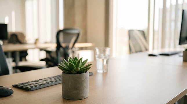 Modern minimalist office desk workspace with succulent plant and computer accessories in a bright professional office