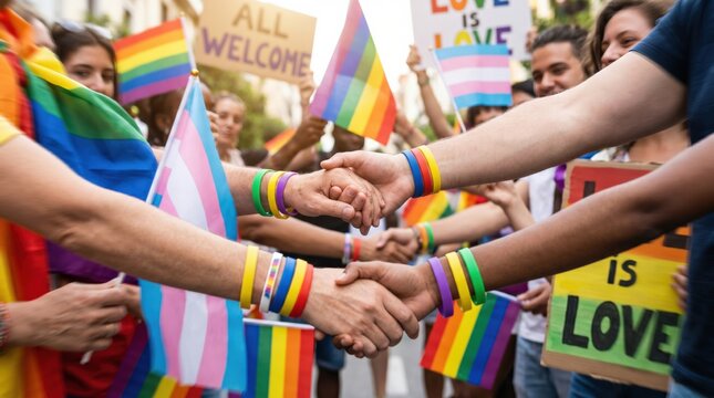 Diverse group of young adults holding hands at a pride parade celebration for equality and human rights
