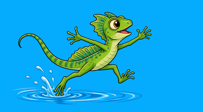Happy little basilisk lizard mascot running across water on a plain blue background in a modern flat cartoon vector illustration style for children animal books