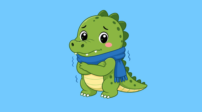 Cute cold baby crocodile character mascot wearing a blue scarf and shivering on a solid blue background in a modern flat cartoon vector illustration style for kids