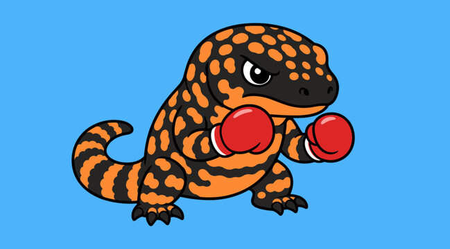 Tough little gila monster lizard mascot wearing boxing gloves on a plain blue background in a modern flat cartoon vector illustration style for kids sports books