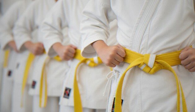 A group of children wearing white karate uniforms and yellow belts standing in a line during a martial arts class.
