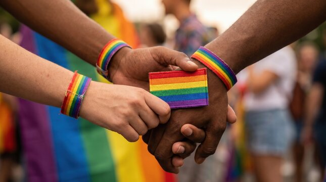 Diverse couple holding hands with rainbow wristbands and pride flag patch at outdoor equality celebration