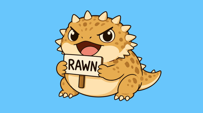 Grumpy little horned lizard mascot holding a RAWN sign on a plain blue background in a modern flat cartoon vector illustration style for children book graphics design