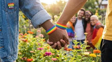 Fototapeta premium Diverse young couple holding hands with rainbow pride bracelets in a sunny flower garden