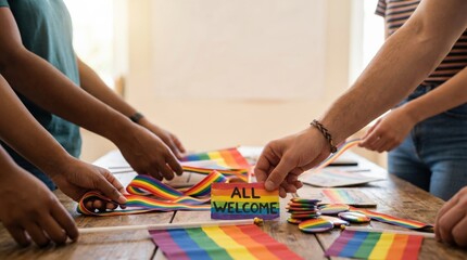 Obraz premium Diverse Group Preparing LGBTQ Pride Event Decorations with Rainbow Flags and All Welcome Sign on Wooden Table