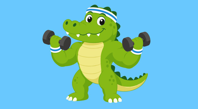 Little baby crocodile character mascot working out with dumbbells and wearing sweatbands on a plain light blue background in a modern flat cartoon vector illustration style for kids graphics