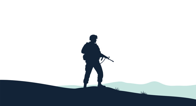 Silhouette of a soldier in uniform standing on a hill holding an assault rifle, wearing tactical helmet and gear, minimalist landscape background with rolling hills and white sky.