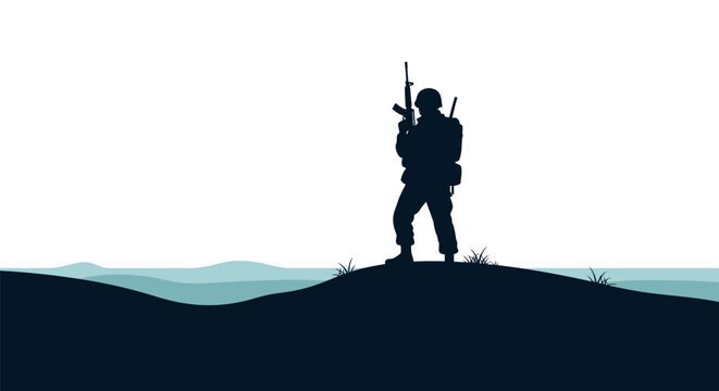 Full body silhouette of a modern infantry soldier standing on a dark grassy hill holding an assault rifle, wearing a tactical helmet and backpack against a bright white background.