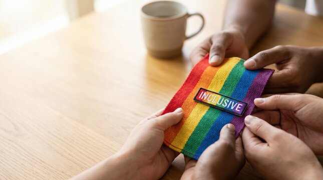 Diverse group of people holding rainbow pride flag fabric with inclusive patch for equality and diversity concept