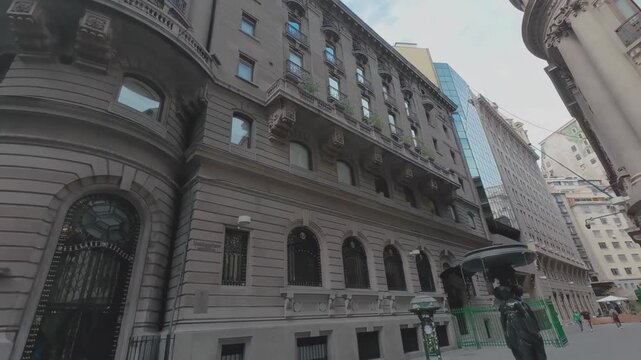 Slow Pan of La Bolsa Historic District and Santiago Stock Exchange in Chile
