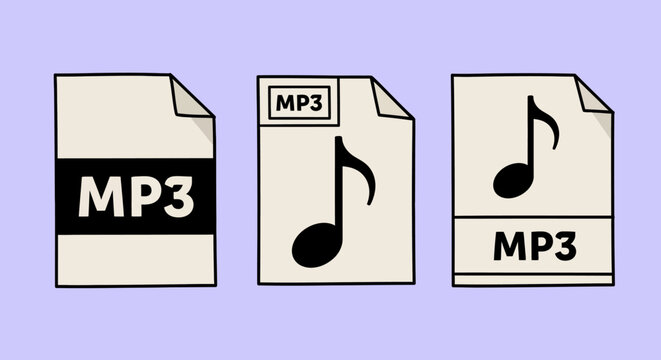 Set of three distinct MP3 audio file format icons, clearly illustrating digital music storage and media playback concepts in a clean, minimalist design
