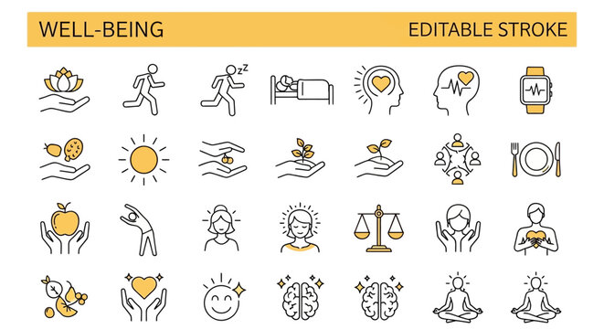 Holistic Well-being and Healthy Lifestyle Vector Icon Set Promoting Balance, Self-Care, and Personal Growth with Editable Stroke Designs