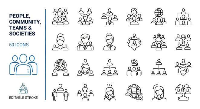 Modern outline icon pack visualizing human relationships, diverse community groups, professional teams, and global societal connections in digital design