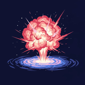 Vector illustration of a pink and red cosmic explosion mushroom cloud rising from a blue swirling energy vortex or portal against a dark starry sky background.